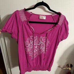 💜 Large Canyon River Blues Pink Puff Sleeve Smocked Blouse